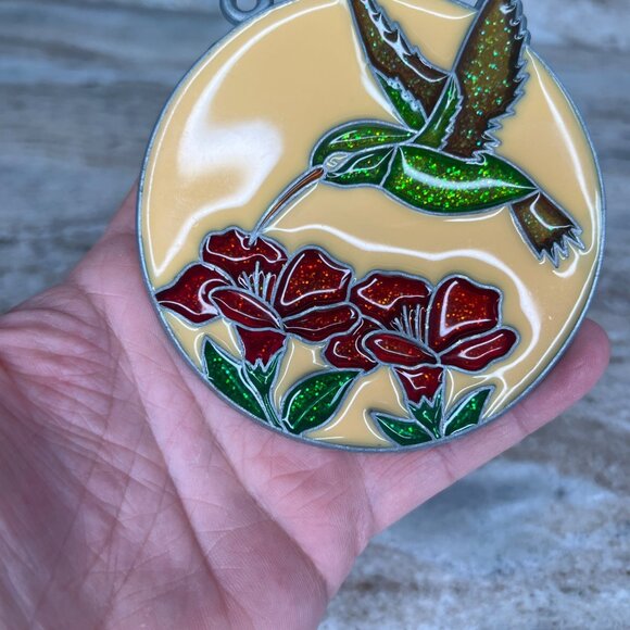 Stained Glass Hummingbird & Flowers Suncatcher Round Hanging Ornament 3 Inches - Picture 3 of 7